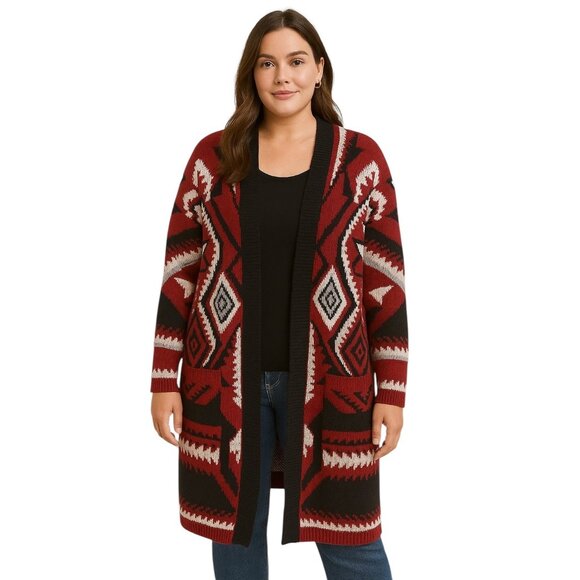 BiBi Sweaters - Bibi Southwestern Print Chunky Long Duster Cardigan Red Size XL Boho Hippie Cozy